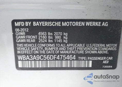 2013 BMW 335 I z USA, uszkodzony, nr VIN WBA3A9C56DF475464